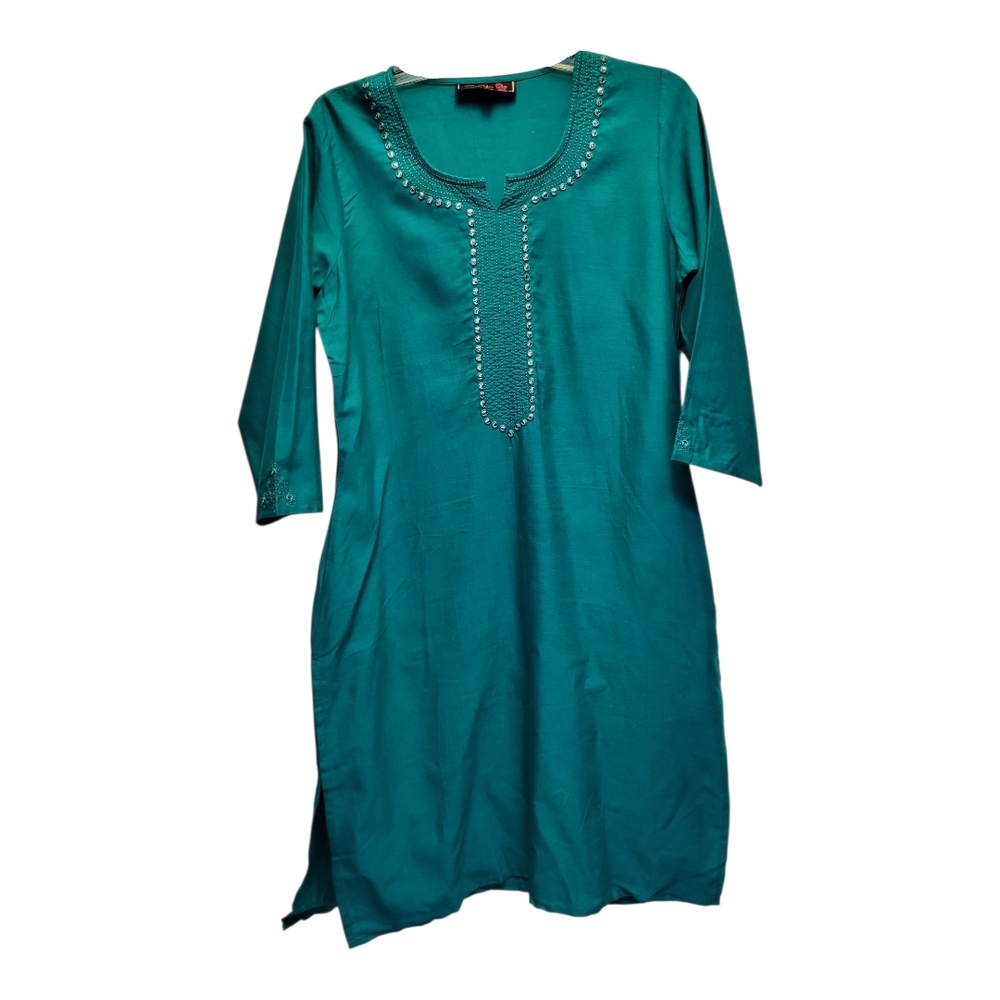 MeYo Elegant Teal Women's Tunic with Beaded Neckline and Sleeves - Size M